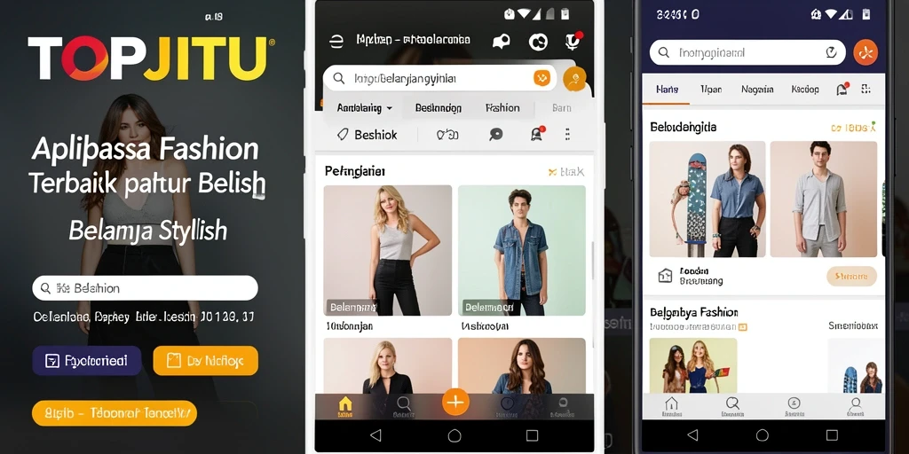Tampilan antarmuka aplikasi TOPJITU dengan fitur belanja fashion.